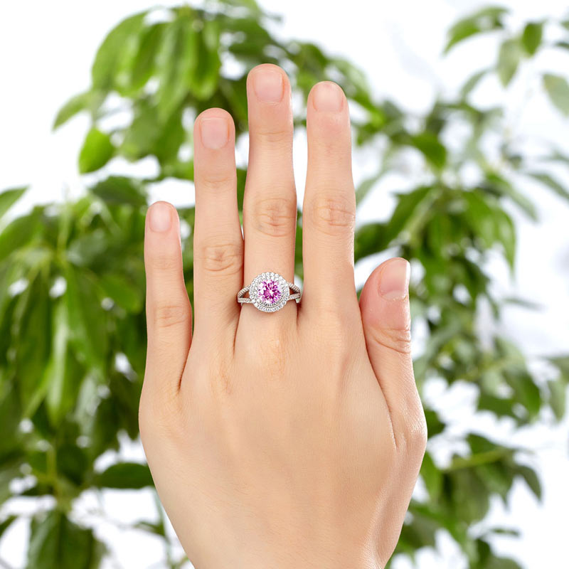 1.25 CT. Round Brilliant Cut Pink Simulated Diamond Double Halo Ring in Sterling Silver