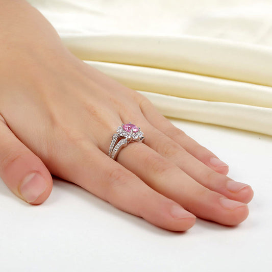 1.25 CT. Round Brilliant Cut Pink Simulated Diamond Flower Halo Ring in Sterling Silver
