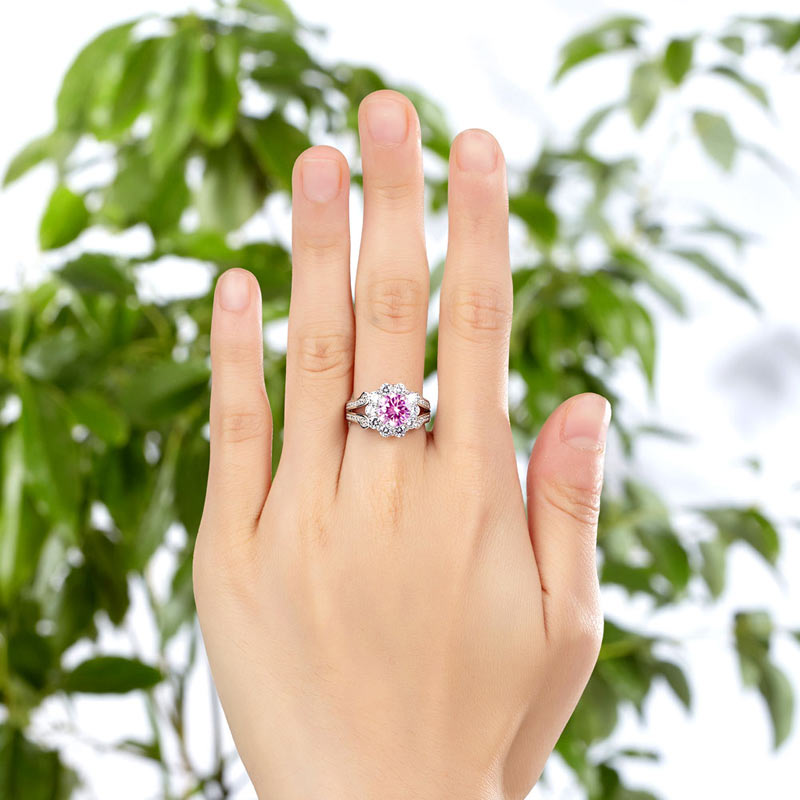 1.25 CT. Round Brilliant Cut Pink Simulated Diamond Flower Halo Ring in Sterling Silver