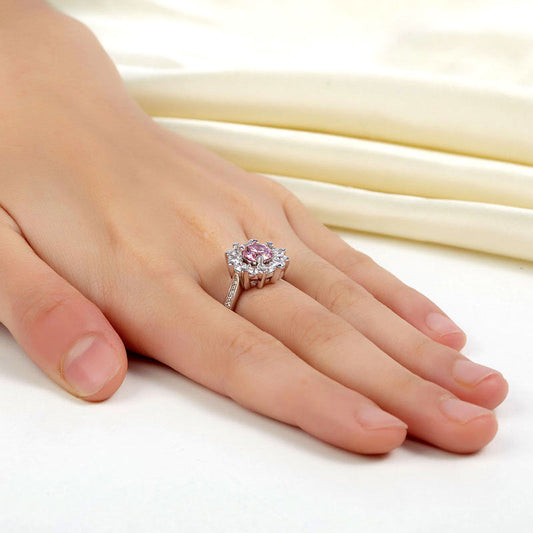 1 CT. Round Brilliant Cut Pink Simulated Diamond Snowflake Halo Ring in Sterling Silver