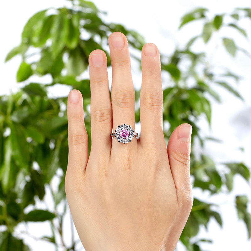 1 CT. Round Brilliant Cut Pink Simulated Diamond Snowflake Halo Ring in Sterling Silver