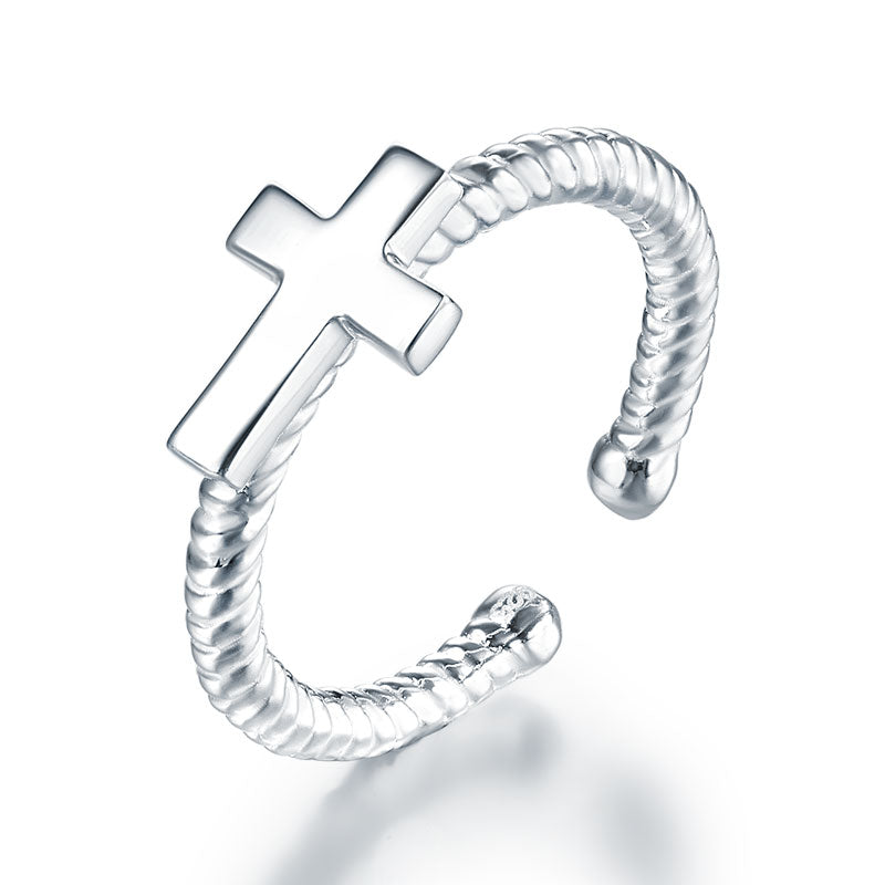 Bague ajustable en argent sterling avec croix pour fille