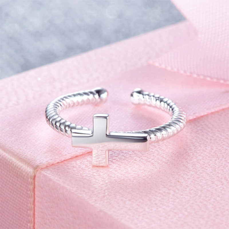 Bague ajustable en argent sterling avec croix pour fille