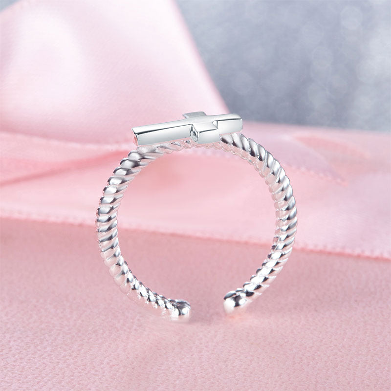 Bague ajustable en argent sterling avec croix pour fille