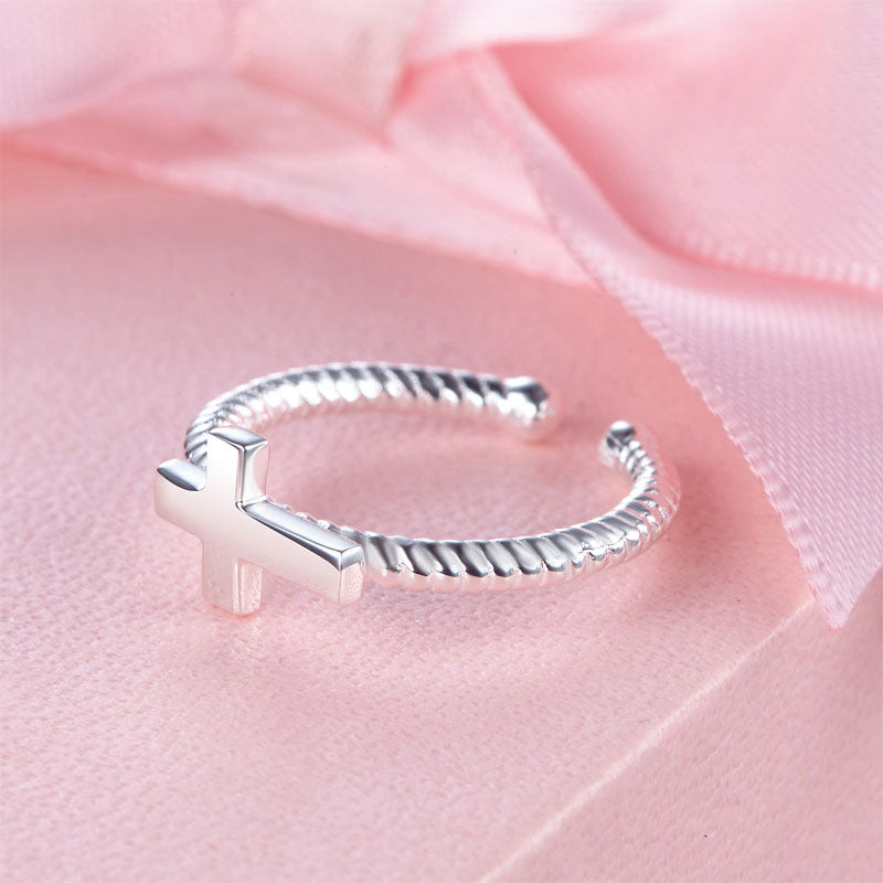 Bague ajustable en argent sterling avec croix pour fille
