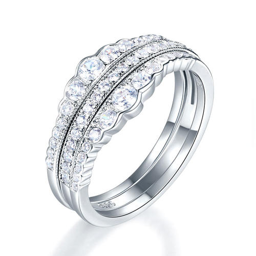 Anillo de bodas de aniversario de tres piezas con diamantes simulados pavé en plata de ley