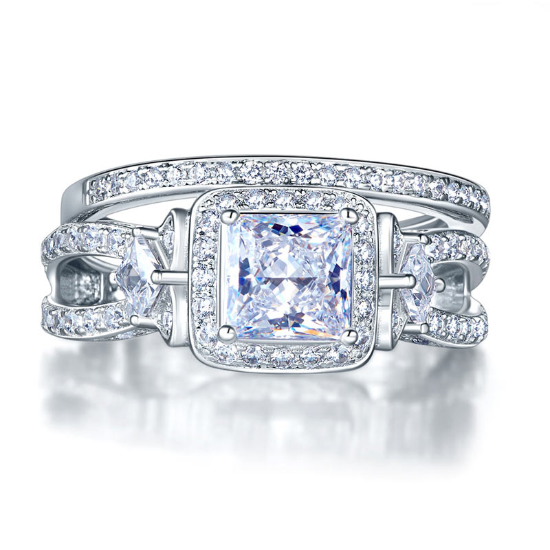 1 CT. Princess Cut Halo Simulated Diamond Bridal Set in Sterling Silver