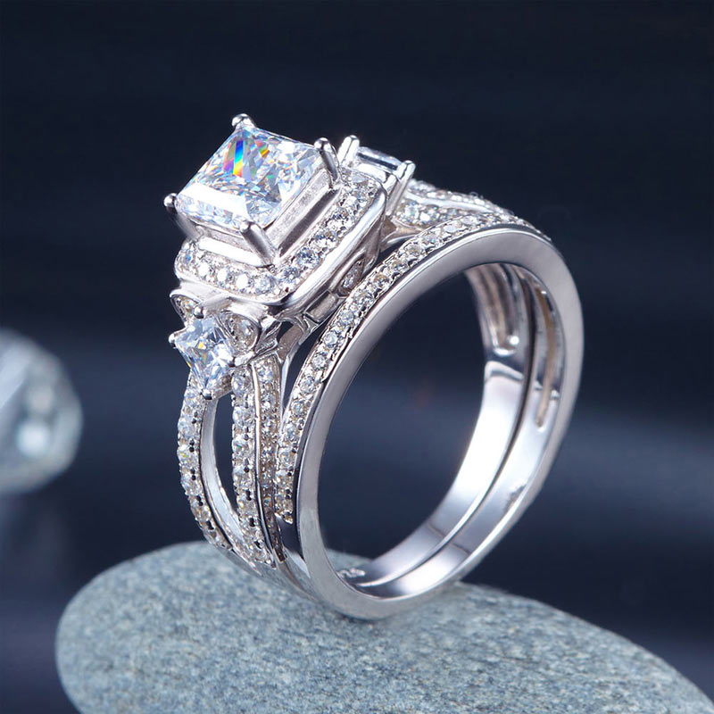 1 CT. Princess Cut Halo Simulated Diamond Bridal Set in Sterling Silver