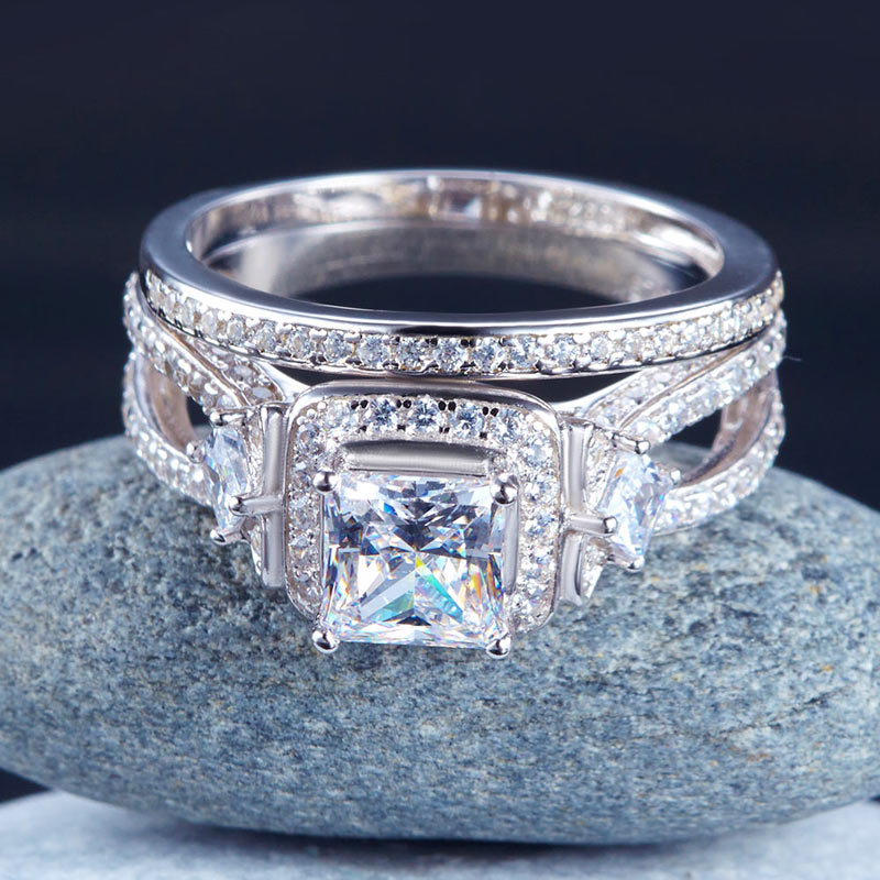 1 CT. Princess Cut Halo Simulated Diamond Bridal Set in Sterling Silver