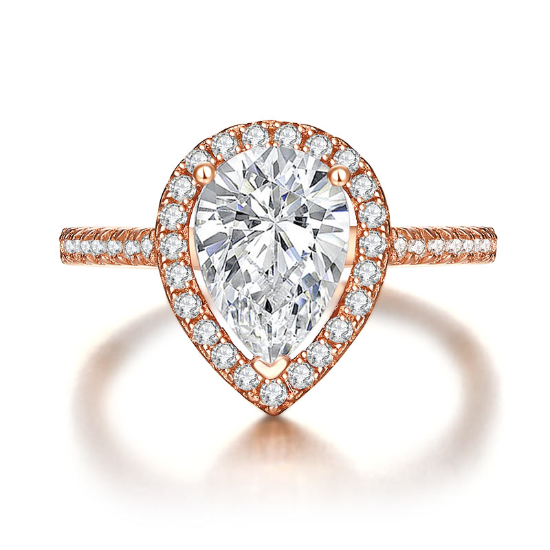 2 CT. Pear Cut Simulated Diamond Halo Ring in Rose Gold Plated Sterling Silver