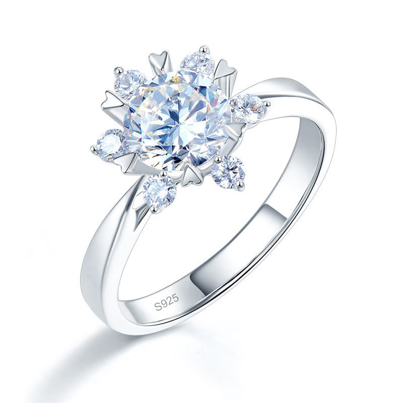1 CT. Round Moissanite Diamond Flower Halo Engagement Ring in Sterling Silver