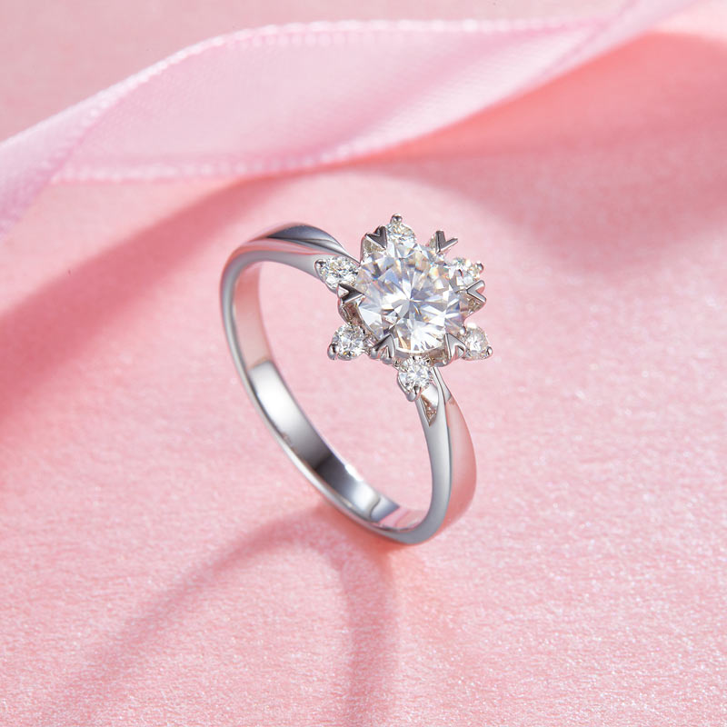 1 CT. Round Moissanite Diamond Flower Halo Engagement Ring in Sterling Silver