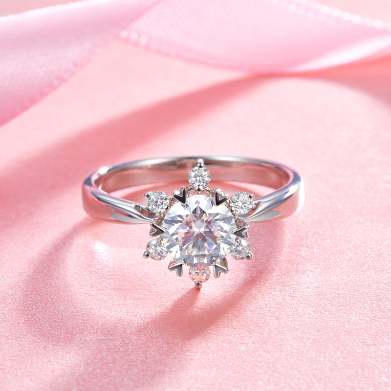 1 CT. Round Moissanite Diamond Flower Halo Engagement Ring in Sterling Silver