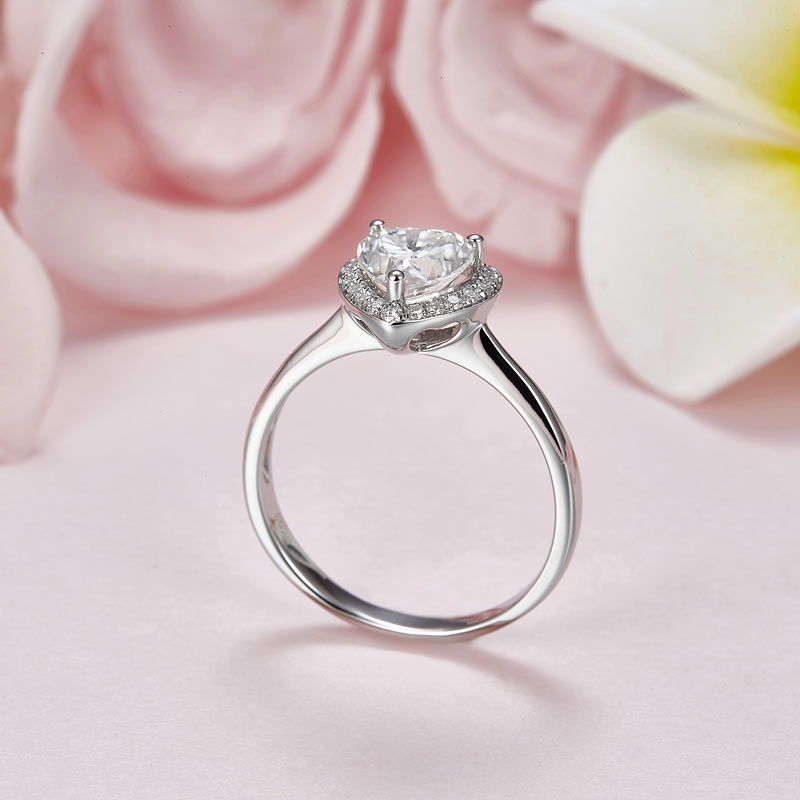 1 CT. Heart Cut Moissanite Diamond Halo Engagement Ring in Sterling Silver