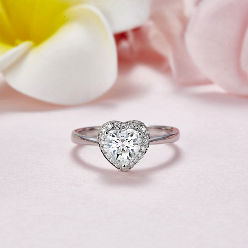 1 CT. Heart Cut Moissanite Diamond Halo Engagement Ring in Sterling Silver