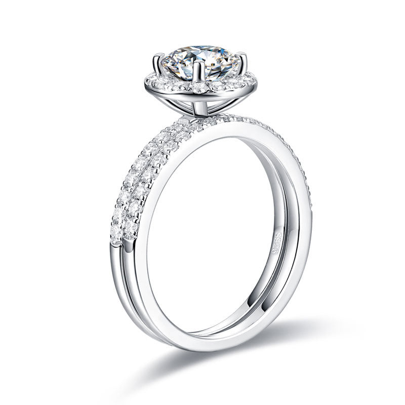 1 CT. Round Moissanite Diamond Halo Bridal Set in Sterling Silver