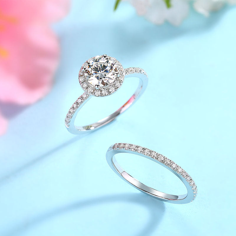 1 CT. Round Moissanite Diamond Halo Bridal Set in Sterling Silver