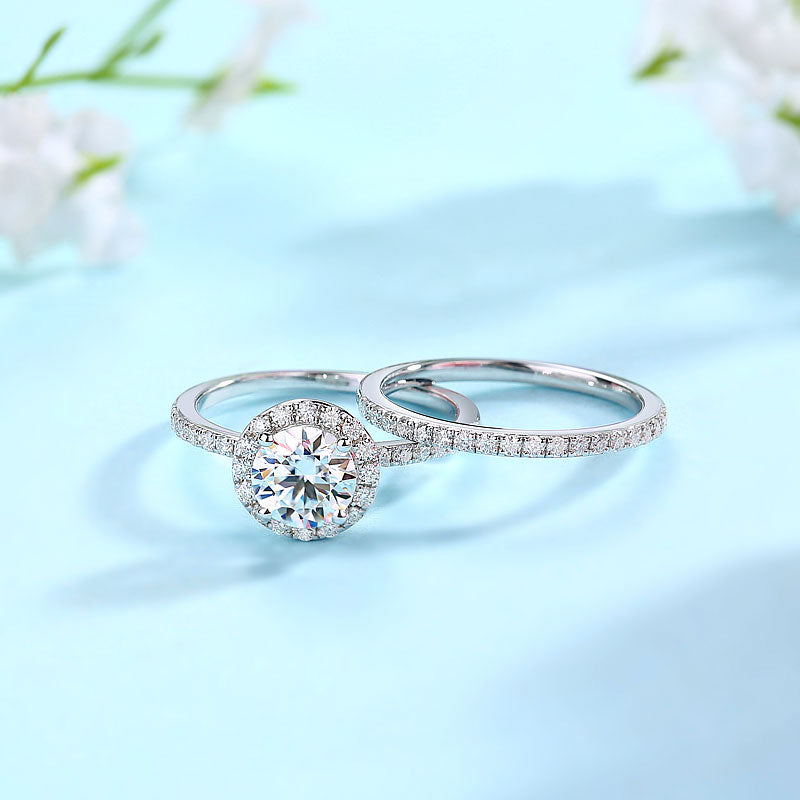 1 CT. Round Moissanite Diamond Halo Bridal Set in Sterling Silver