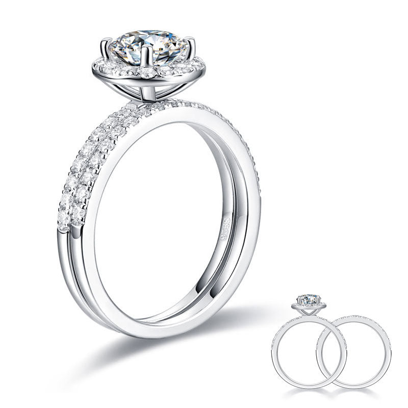 1 CT. Round Moissanite Diamond Halo Bridal Set in Sterling Silver