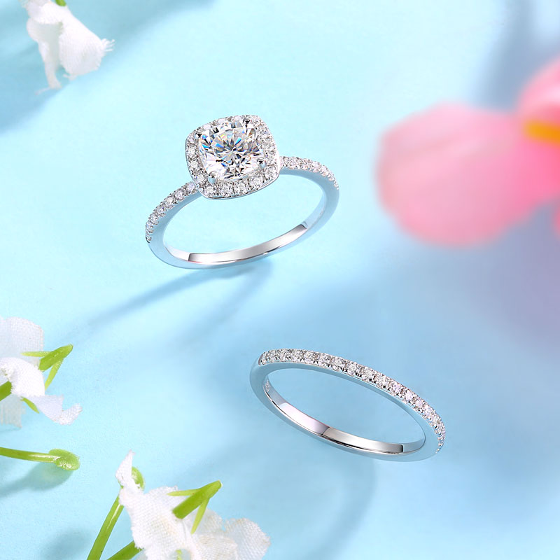 1 CT. Cushion Cut Moissanite Diamond Halo Bridal Set in Sterling Silver