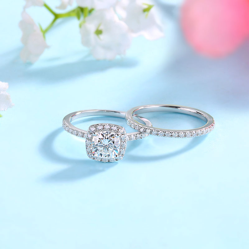 1 CT. Cushion Cut Moissanite Diamond Halo Bridal Set in Sterling Silver