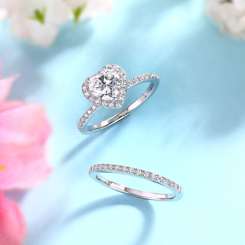 1 CT. Heart Cut Moissanite Diamond Halo Bridal Set in Sterling Silver