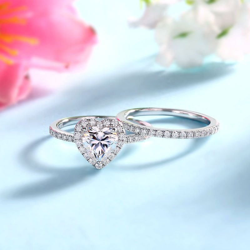 1 CT. Heart Cut Moissanite Diamond Halo Bridal Set in Sterling Silver
