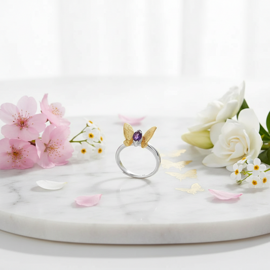 GRACE Amethyst Gold Butterfly Adjustable Ring in Sterling Silver