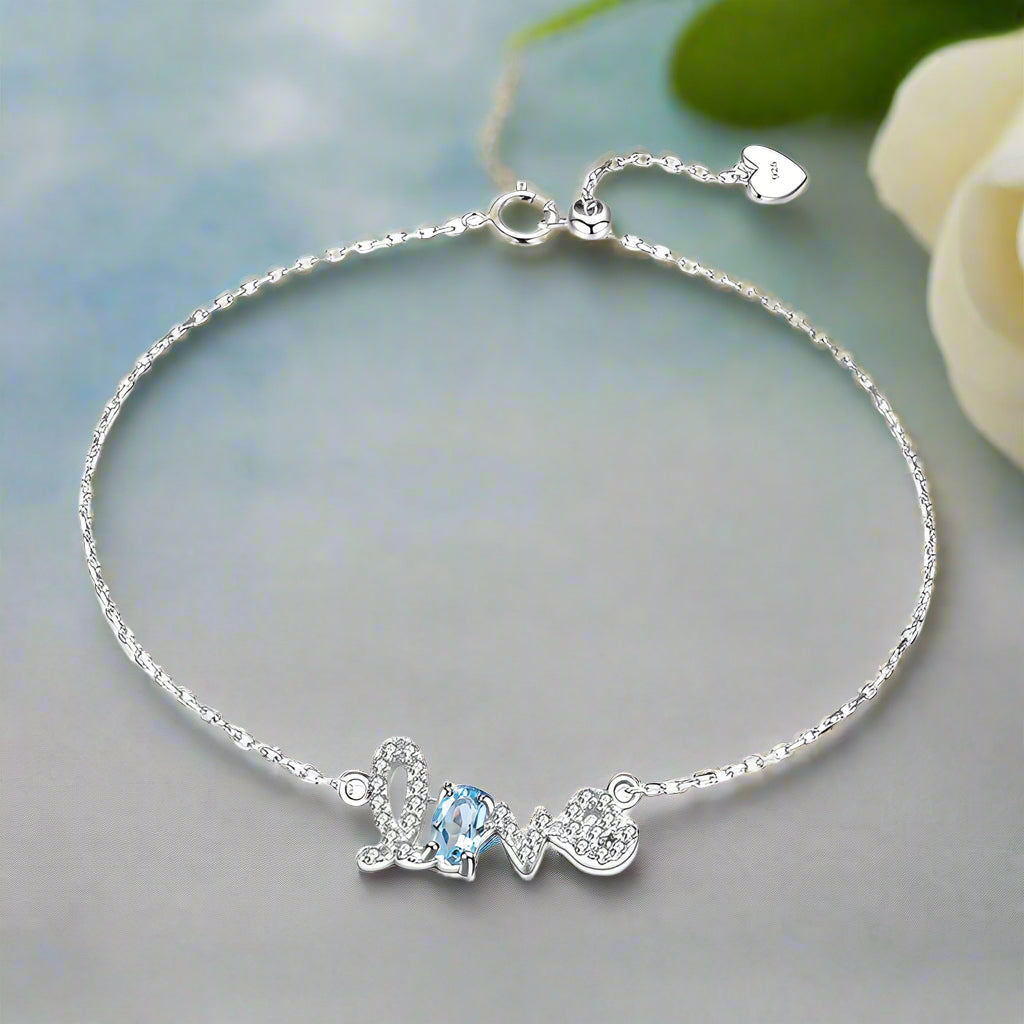 Pulsera ajustable con piedras preciosas "Love" en cursiva GRACE en plata de ley