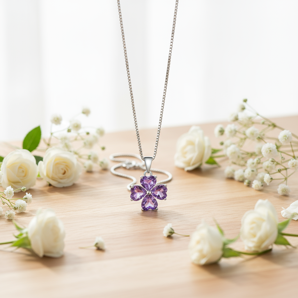 GRACE Gemstone Heart Flower Pendant Necklace in Sterling Silver