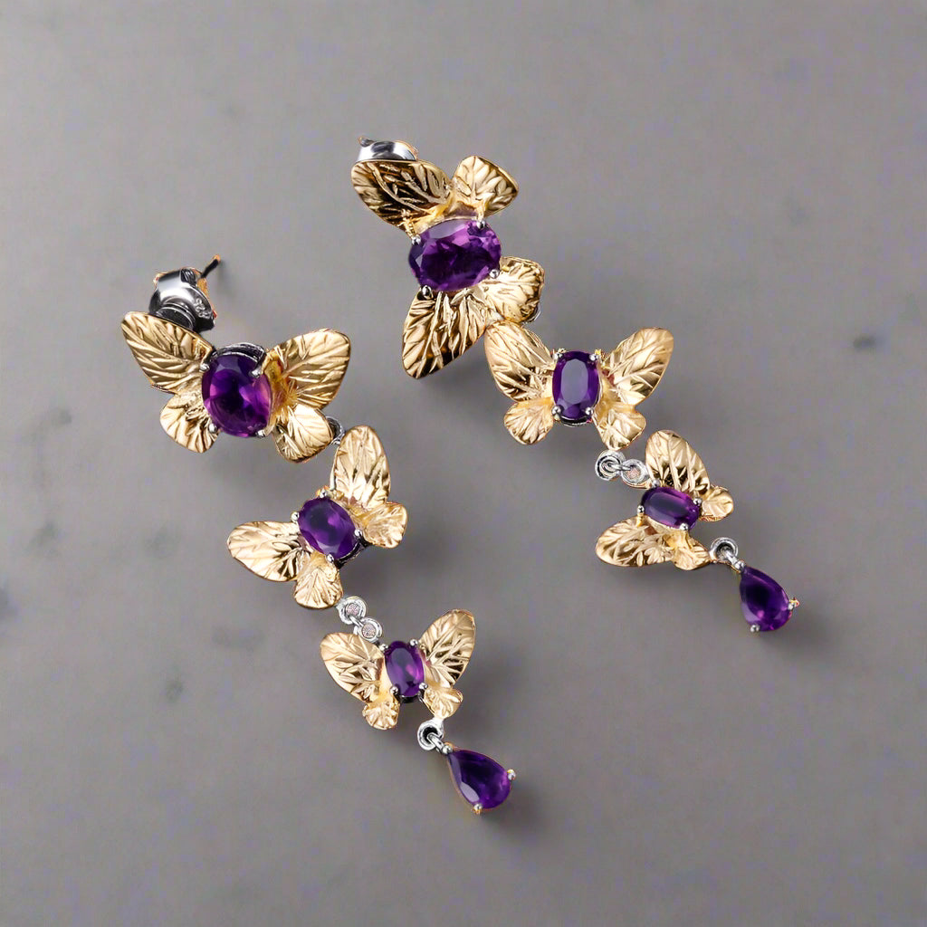 Pendientes colgantes de mariposa extraíbles con piedras preciosas GRACE en plata de ley bañada en oro