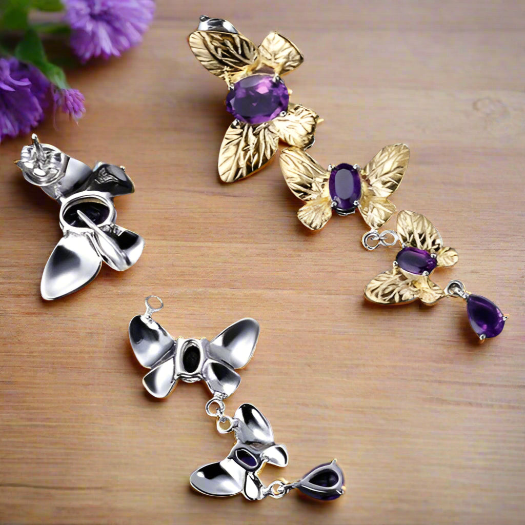 Pendientes colgantes de mariposa extraíbles con piedras preciosas GRACE en plata de ley bañada en oro