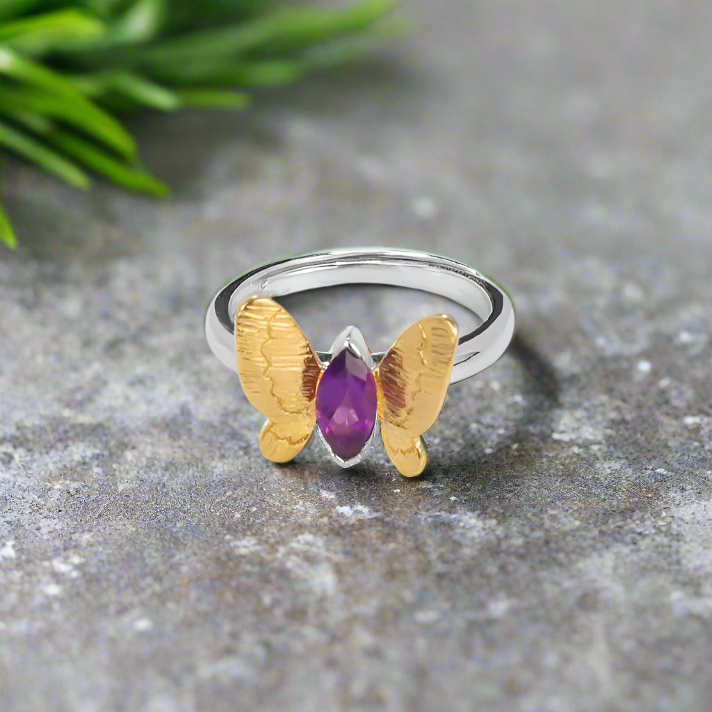GRACE Gold Butterfly Adjustable Ring in Sterling Silver