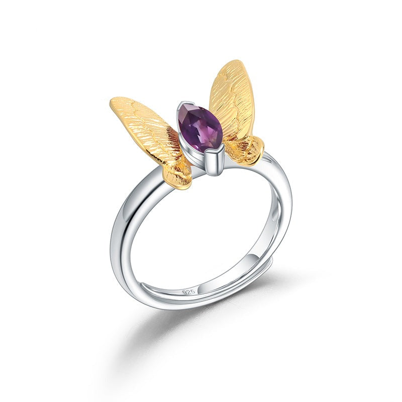 Anillo ajustable de mariposa dorada y amatista GRACE en plata de ley