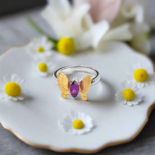 GRACE Amethyst Gold Butterfly Adjustable Ring in Sterling Silver