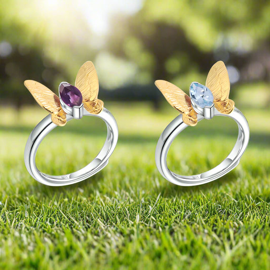 GRACE Gold Butterfly Adjustable Ring in Sterling Silver