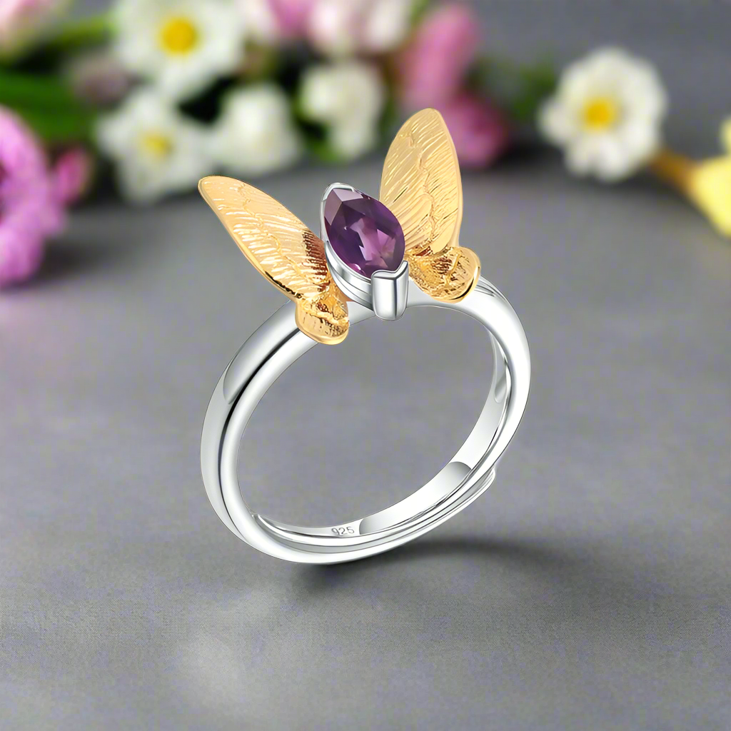 GRACE Gold Butterfly Adjustable Ring in Sterling Silver