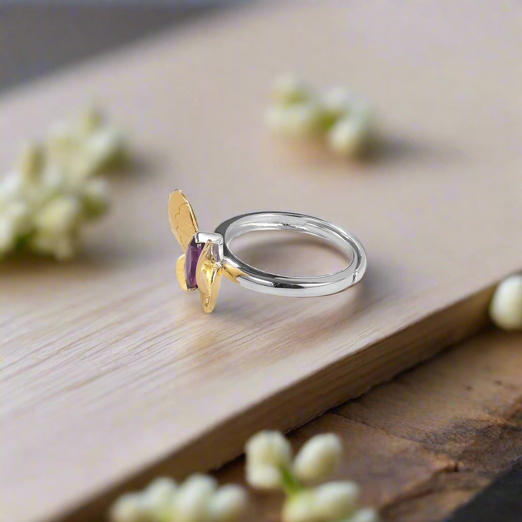 GRACE Gold Butterfly Adjustable Ring in Sterling Silver