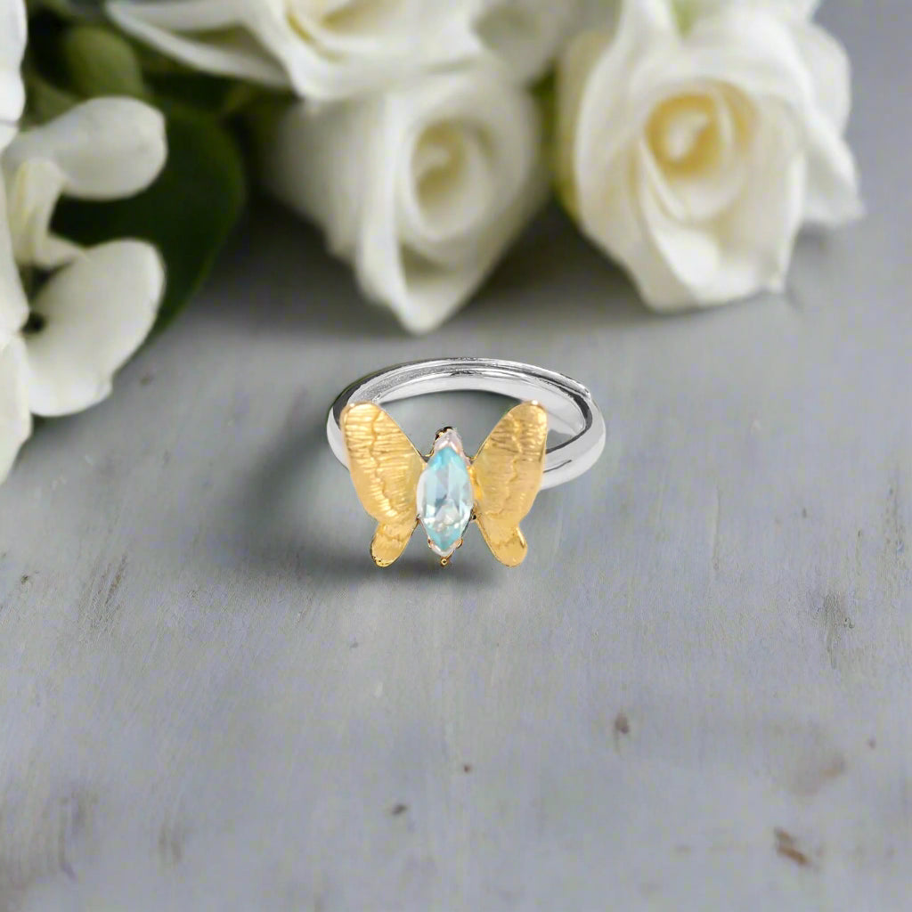 GRACE Gold Butterfly Adjustable Ring in Sterling Silver