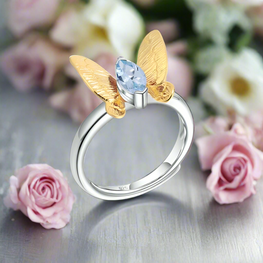 GRACE Sky Blue Topaz Gold Butterfly Adjustable Ring in Sterling Silver