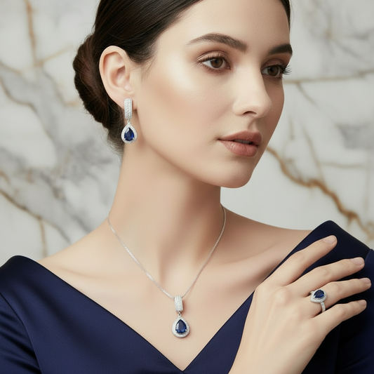 GRACE Halo Pear Cut Sapphire Jewelry Set in Sterling Silver