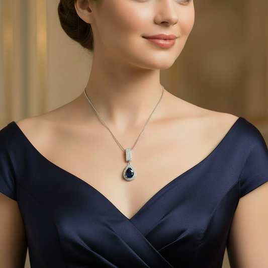 GRACE Halo Pear Cut Sapphire Pendant Necklace in Sterling Silver