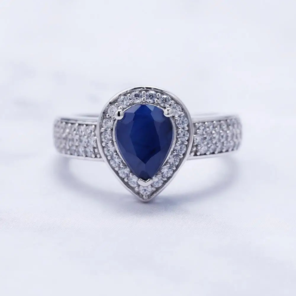 GRACE Halo Pear Cut Sapphire Ring in Sterling Silver