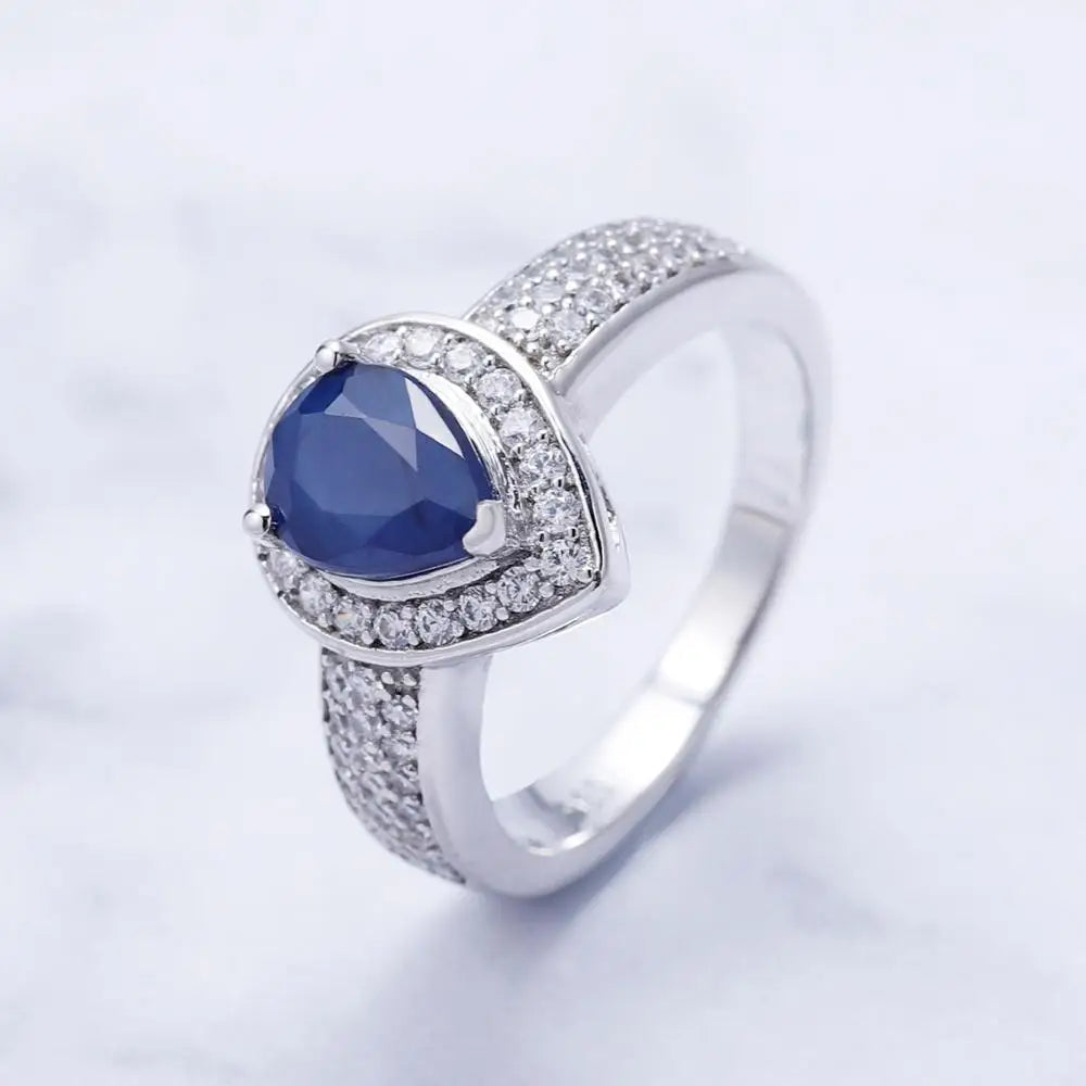 GRACE Halo Pear Cut Sapphire Ring in Sterling Silver