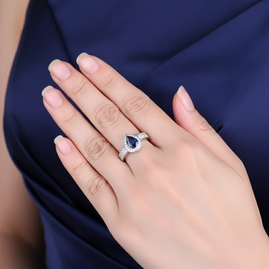 GRACE Halo Pear Cut Sapphire Ring in Sterling Silver
