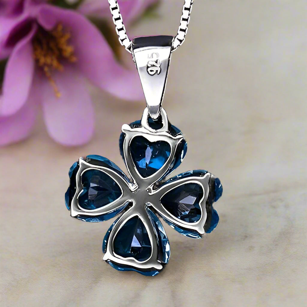 GRACE Heart Swiss Blue Topaz Flower Pendant Necklace in Gold Plated Sterling Silver