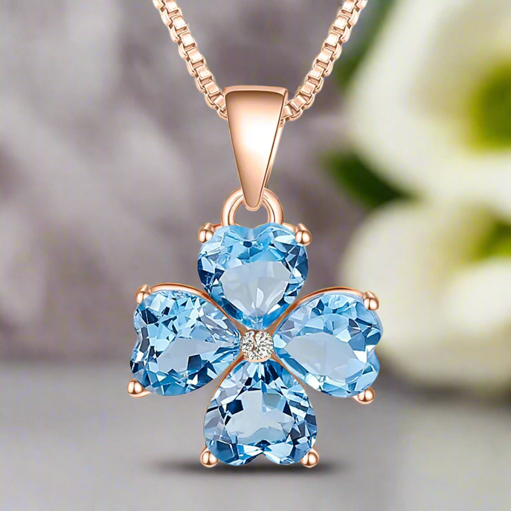 GRACE Heart Swiss Blue Topaz Flower Pendant Necklace in Gold Plated Sterling Silver