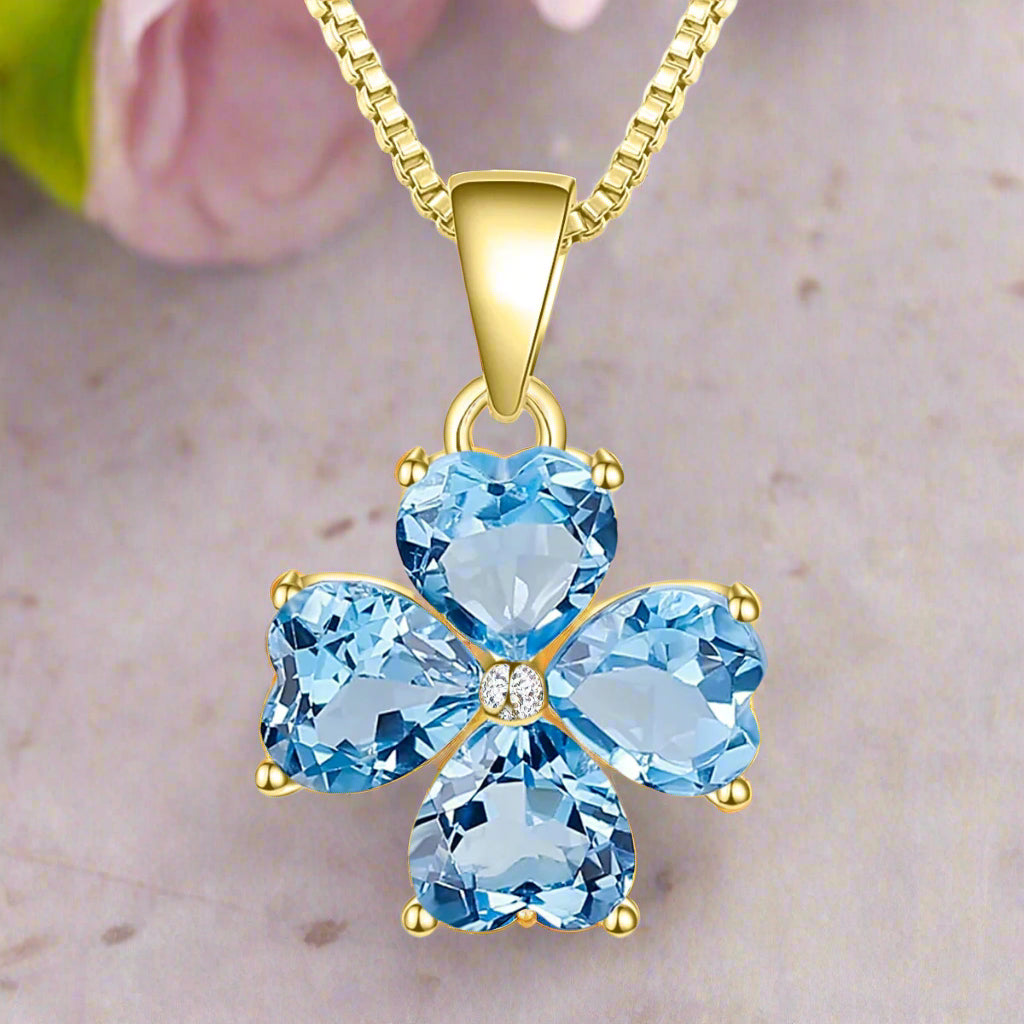 GRACE Heart Swiss Blue Topaz Flower Pendant Necklace in Gold Plated Sterling Silver