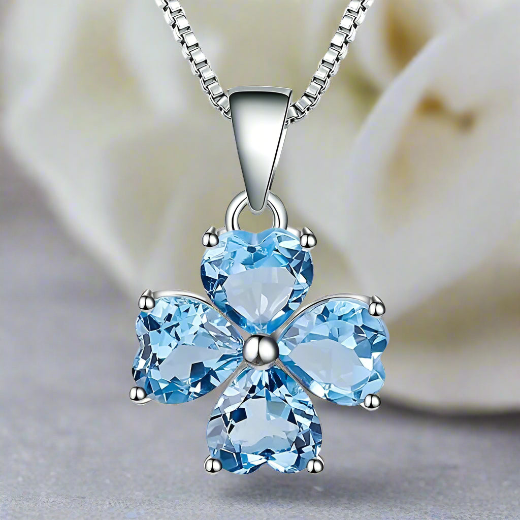 GRACE Heart Swiss Blue Topaz Flower Pendant Necklace in Gold Plated Sterling Silver