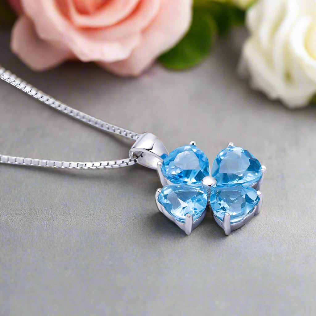 GRACE Heart Swiss Blue Topaz Flower Pendant Necklace in Gold Plated Sterling Silver